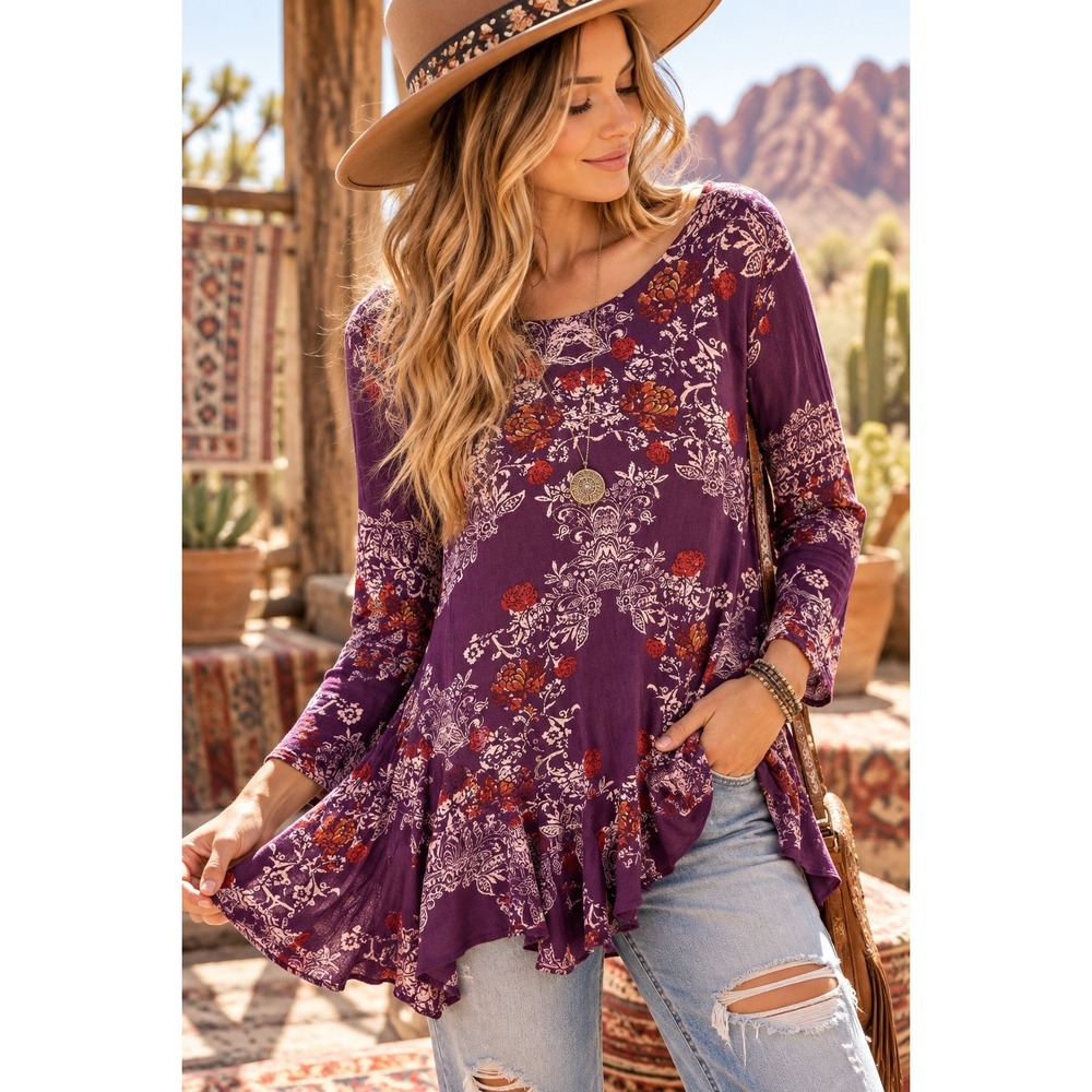 Free People Purple Floral Damask Peplum Tunic Top Deep V Back XS Long Sleeve